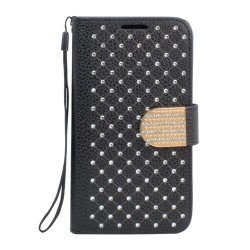 Samsung Galaxy S6 Star Diamond Flip Leather Wallet Case with Strap (Black)